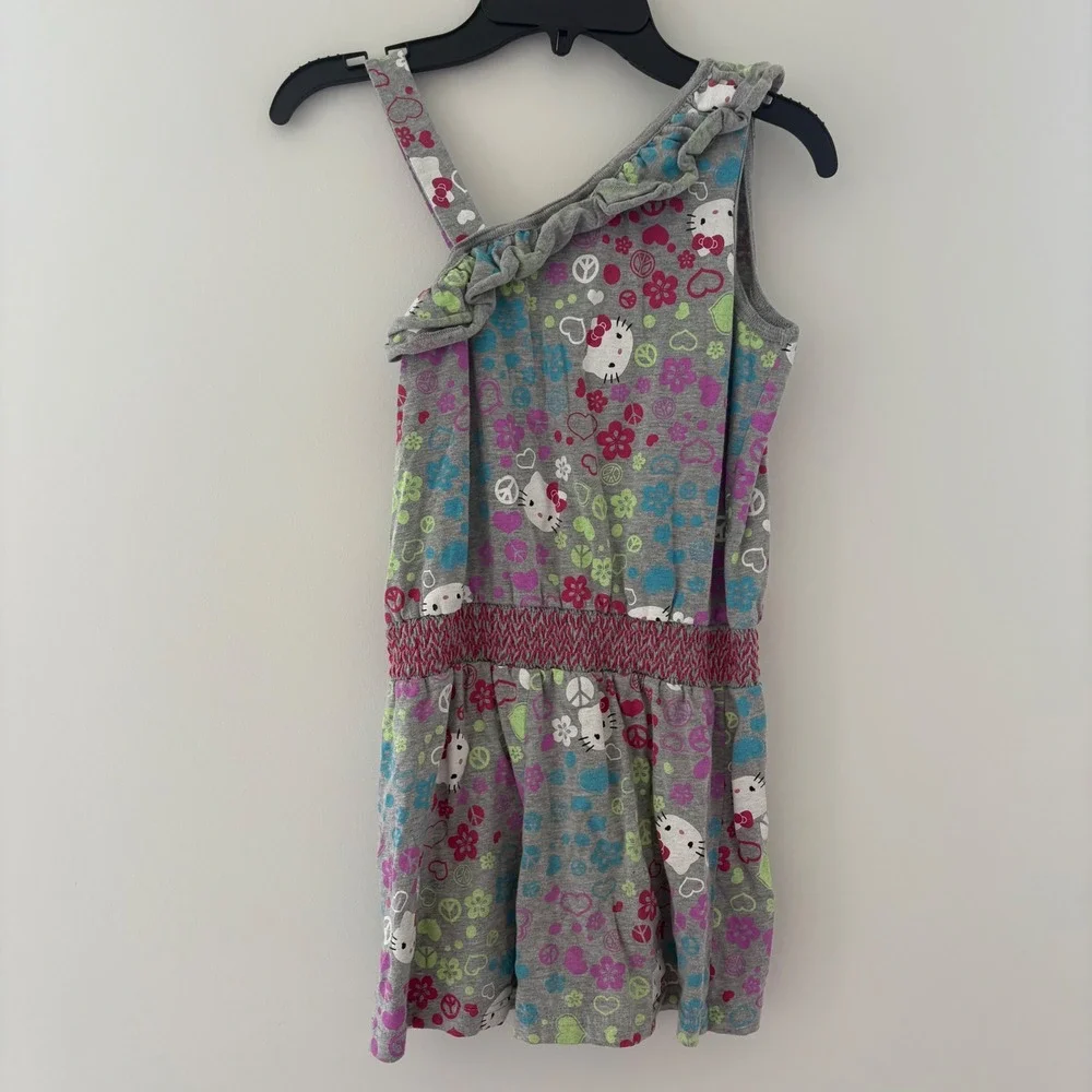 Hello Kitty‎ Romper Jumpsuit Ruffle Trim Hearts Peace Signs Gray Girls L (10/12)